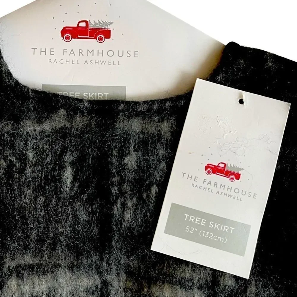 The Farmhouse Rachel Ashwell Mohair Plaid Holiday Tree Skirt Blk Gray 52” NWT
